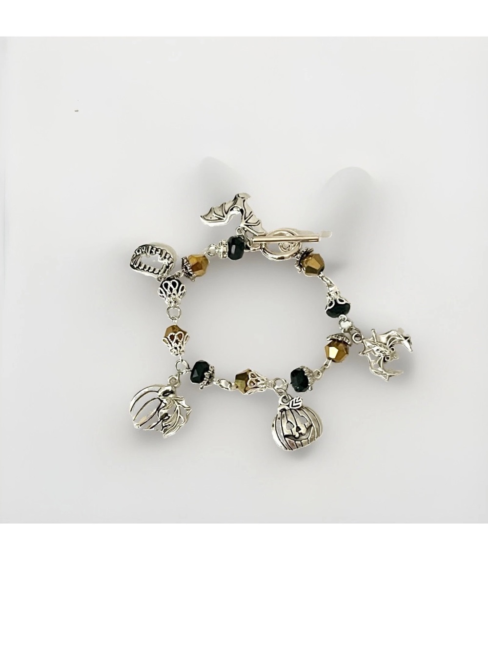 Halloween Pumpkin Bat Vampire Fangs Charm Bracelet Silver Tone Beaded Spooky